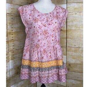 BEACHLUNCHLOUNGE FLORAL/MIXED PRINT TIERED INSPIRED CAP SLEEVE FLOWY COTTON TOP